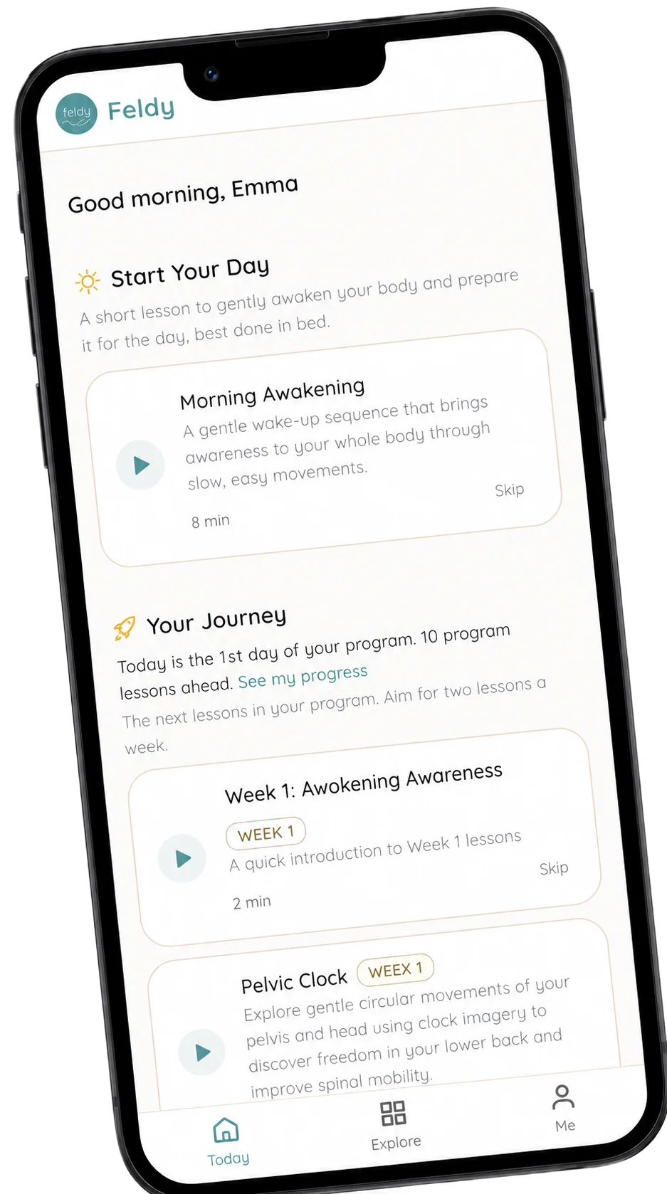 The Feldy app on a phone, showing today's morning lesson and your movement journey